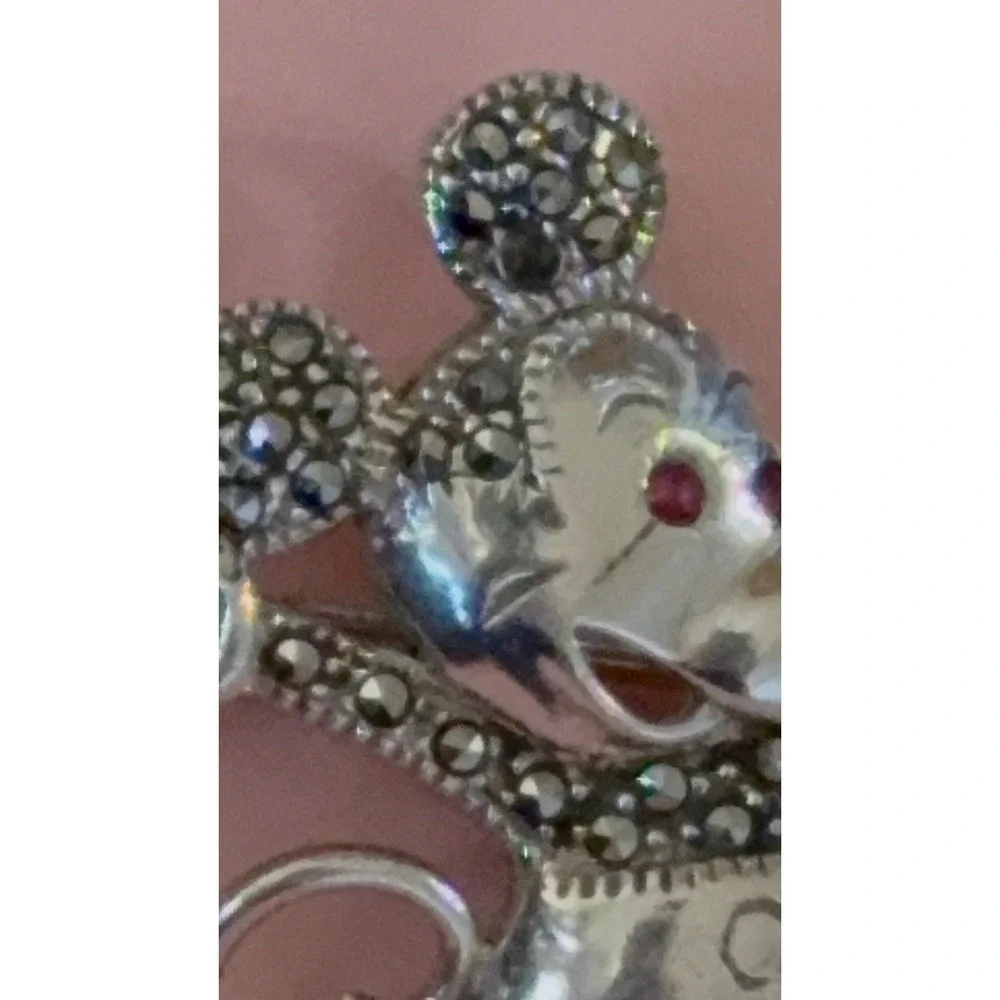 Vintage Mickey Mouse Brooch – Sterling Silver Marcasite‎ & Pink Stone Eyes
